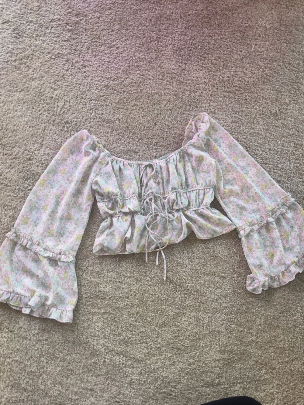 Altar'd State Pastel Floral Off-Shoulder Peasant Blouse - Pink, Green, Cream